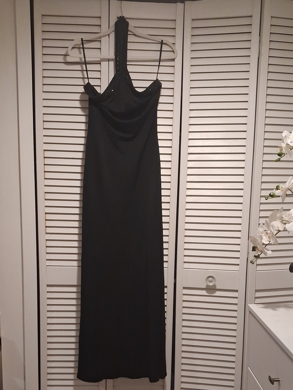 Nicole Bakti Black Sequin-Trim Cowl Neck Maxi Dress